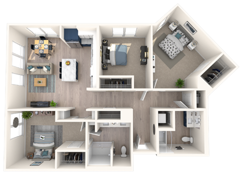Three Bed Two Bath A 3D Floor Plan C1A